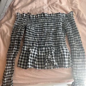 H&M Black Checkered Off The Shoulder Long Sleeve Top | US Size XS